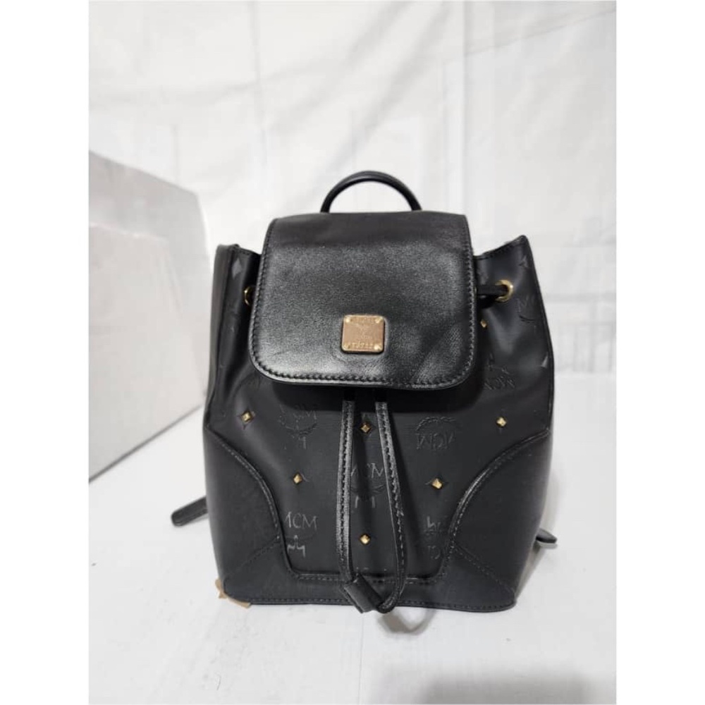 Authentic MCM Visetos Leather Drawstring Backpack Black